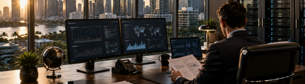 Business executive reviewing analytics dashboards on dual monitors in a high-rise office overlooking a city skyline.