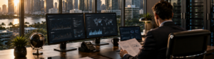 Business executive reviewing analytics dashboards on dual monitors in a high-rise office overlooking a city skyline.