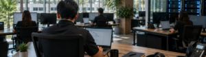 IT professional working on a laptop in a busy open office, with colleagues at workstations and a server rack nearby.