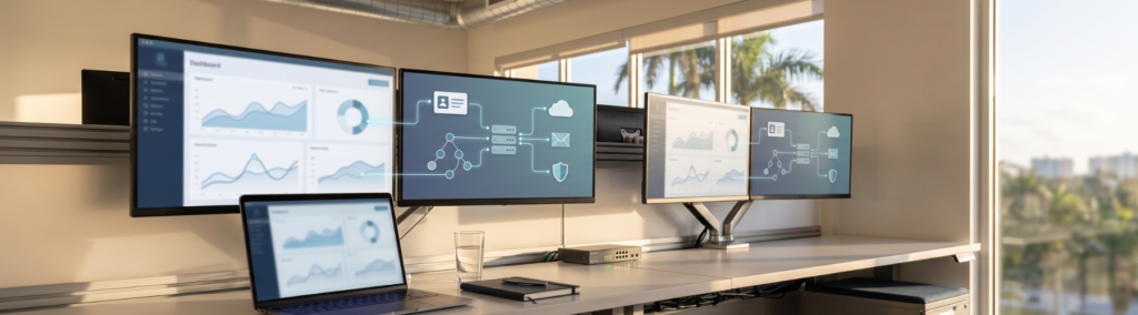 Multi-monitor office workstation displaying data dashboards