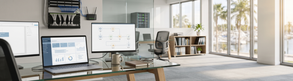 Modern office desk with a laptop and monitor