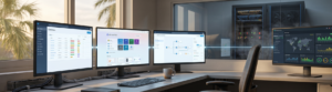 Four connected monitors on an office desk display dashboards