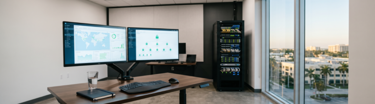Dual monitor workstation displaying a global threat map and network security dashboard