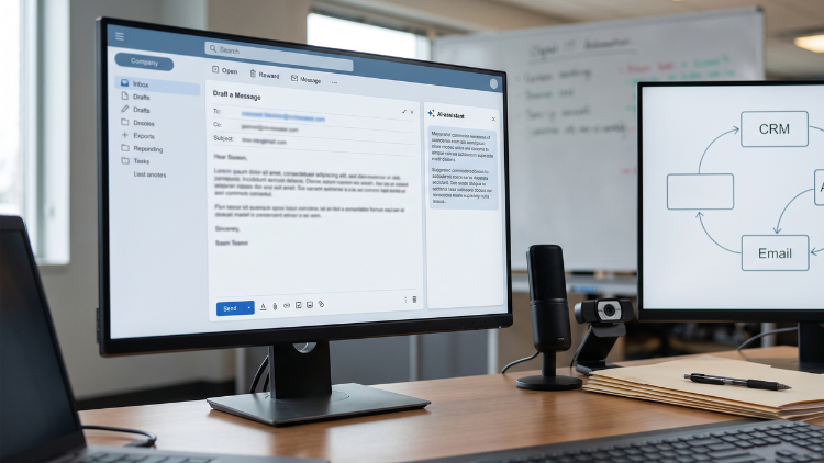 Monitor showing an email inbox with an AI assistant panel