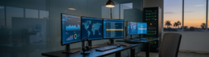 Multi-monitor workstation displaying cybersecurity dashboards at dusk