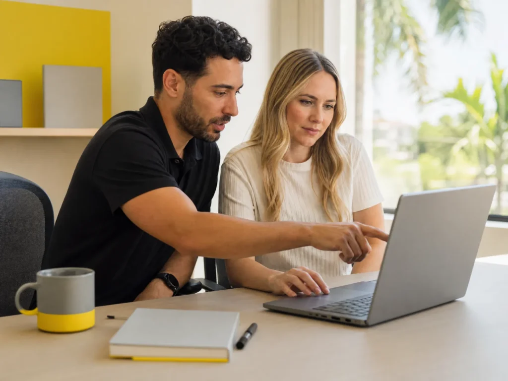 Two colleagues at a desk, one pointing something out on a laptop screen to the other.