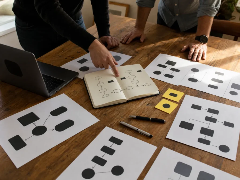 A scoping session on a table: process diagrams, a notebook sketch and sticky notes.