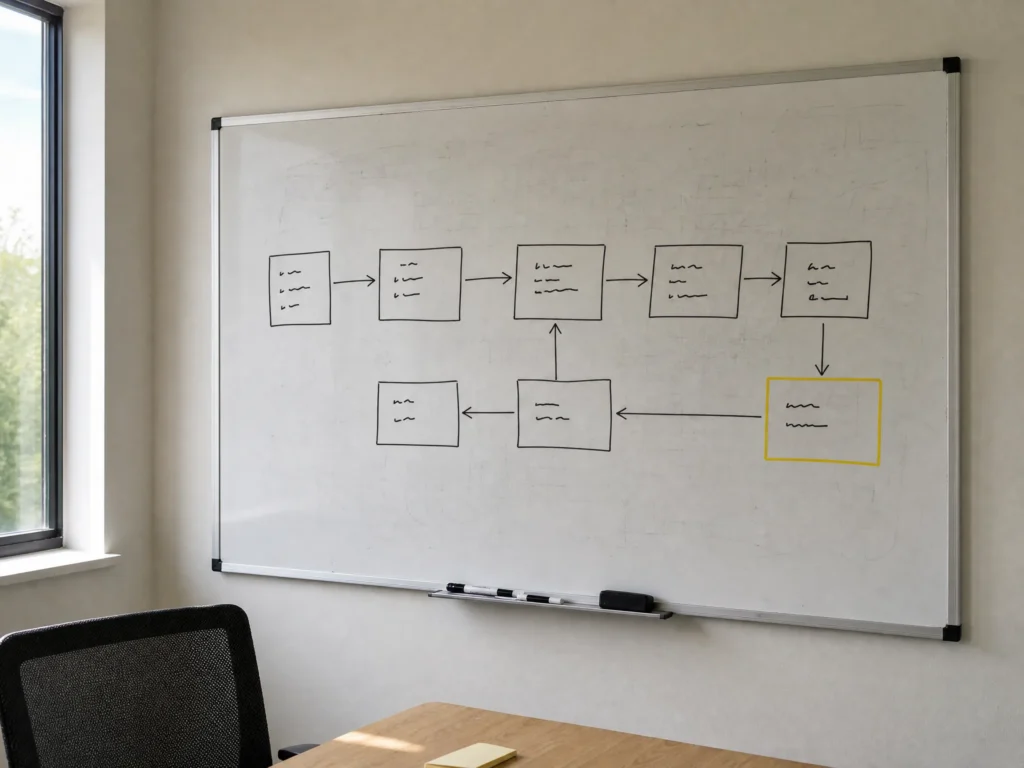 A whiteboard showing a hand-drawn workflow of boxes and arrows.