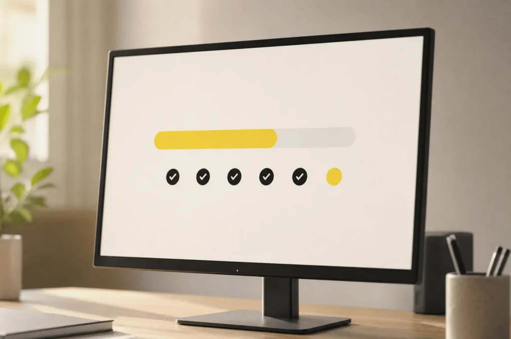 A monitor showing a backup progress bar and a row of checkmarks, one still in progress.