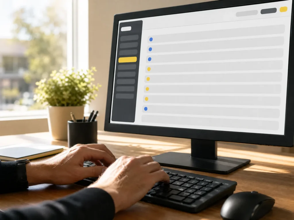 Hands typing at a keyboard in front of a monitor showing a list of files.