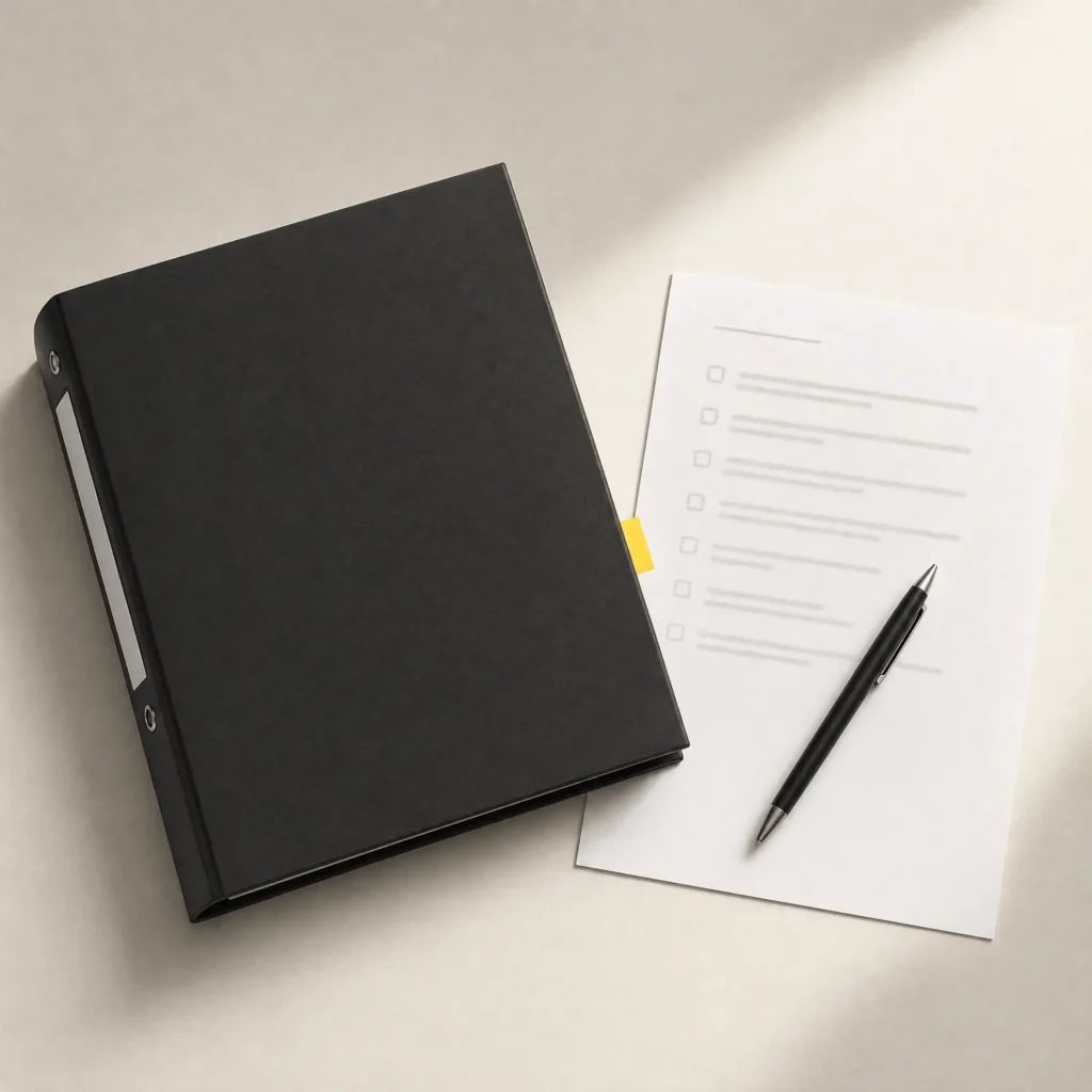 A closed compliance binder with a yellow tab flag beside a printed checklist and a pen.