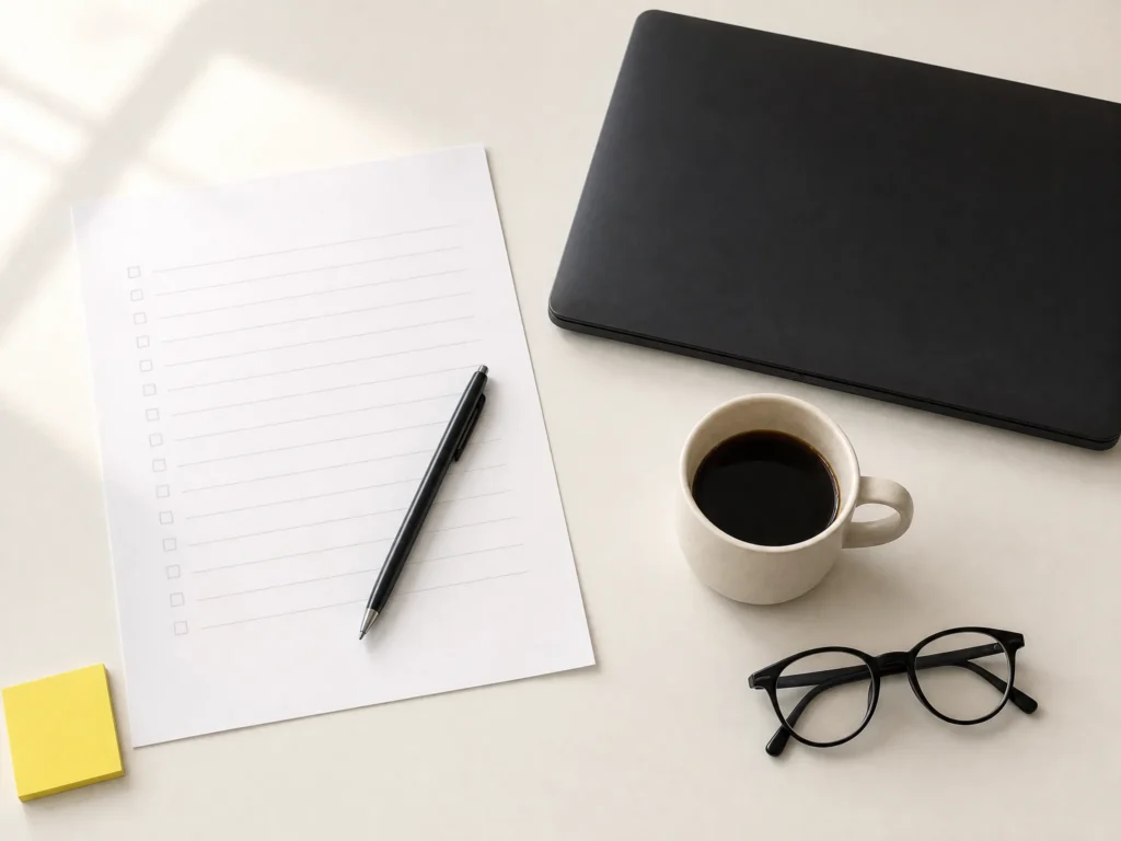A printed compliance checklist, pen, laptop and coffee cup on a desk.
