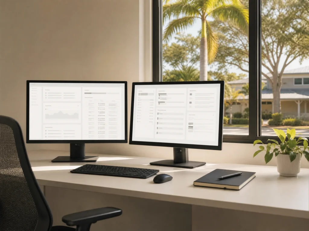 A two-monitor workstation in a Florida office, daylight through the window.