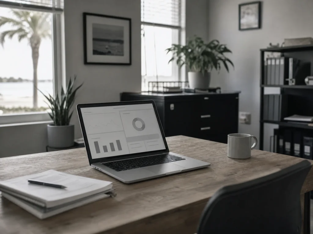 A laptop showing a monitoring dashboard on a desk in a small Florida office.