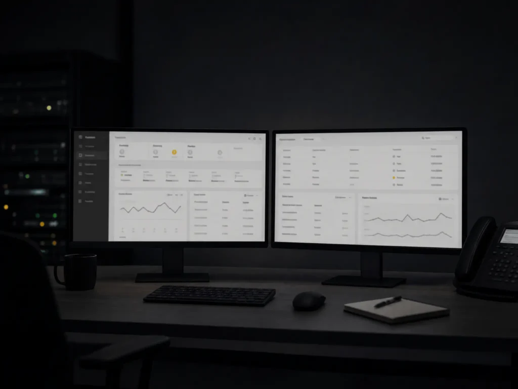 Two monitors on a desk at night showing a muted status dashboard, the screens the main light source in the room.