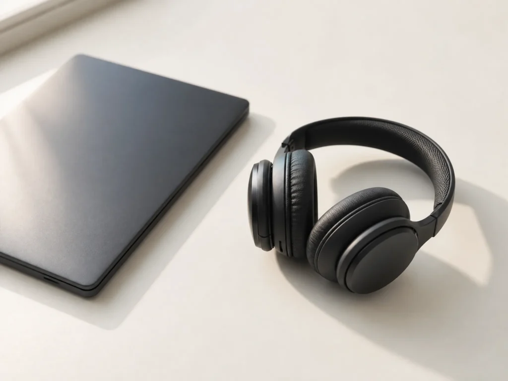 An over-ear headset resting on a desk beside a closed laptop.