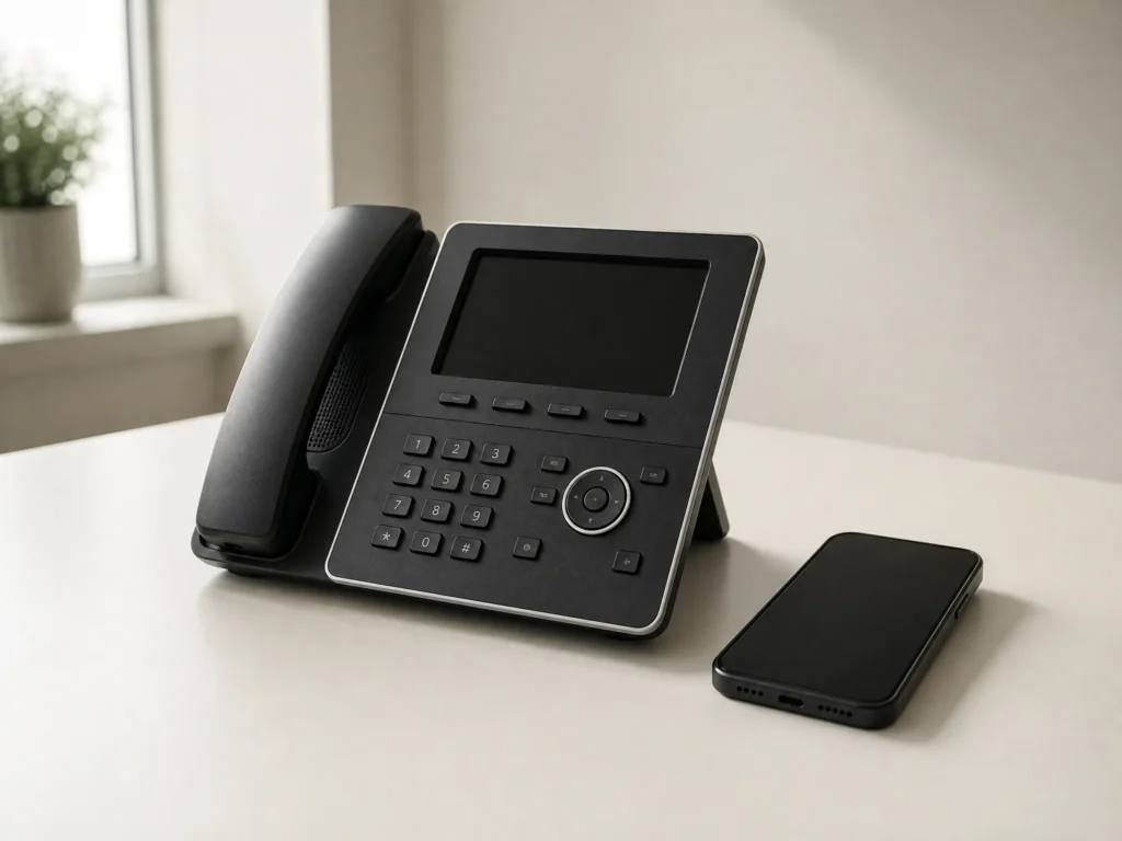 A business desk phone and a mobile phone side by side on a desk.