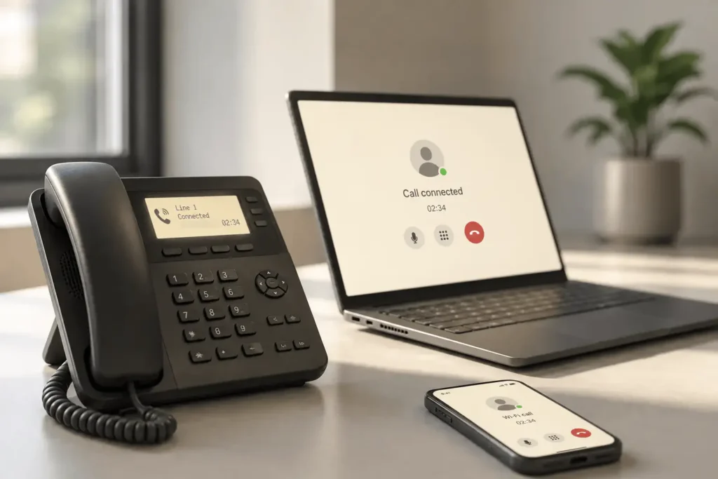 A desk phone, an open laptop, and a mobile phone on a desk, all showing the same call connected.
