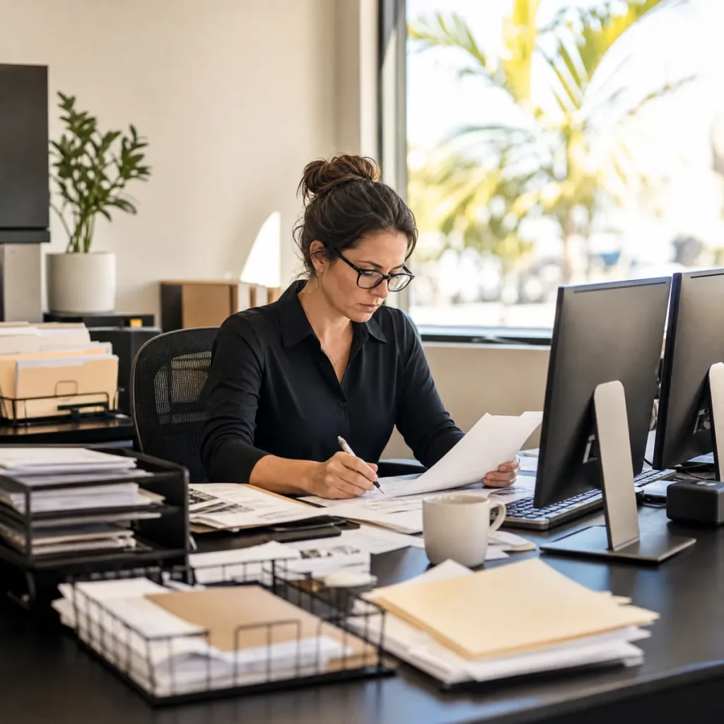 Accountant working at a two-monitor desk.