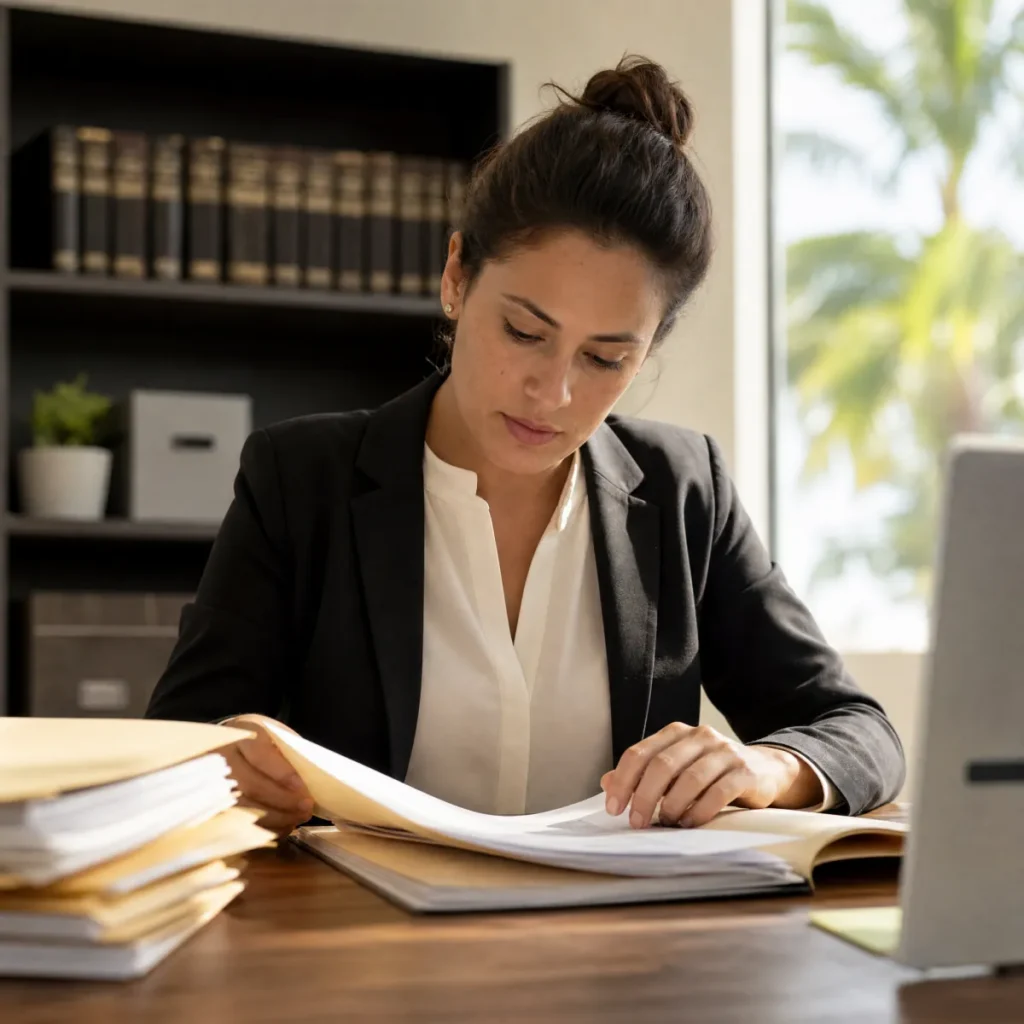Attorney reviewing files at a desk.