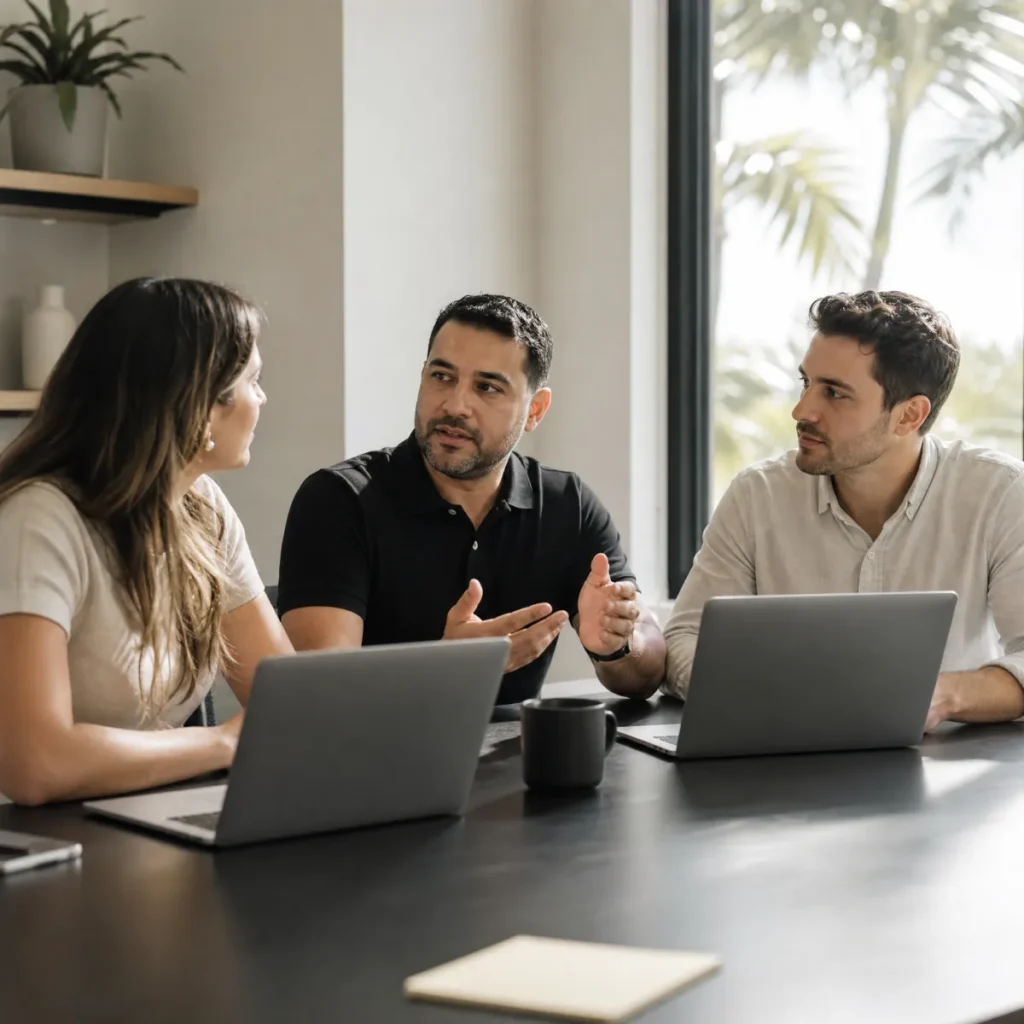 Small team meeting around a conference table.