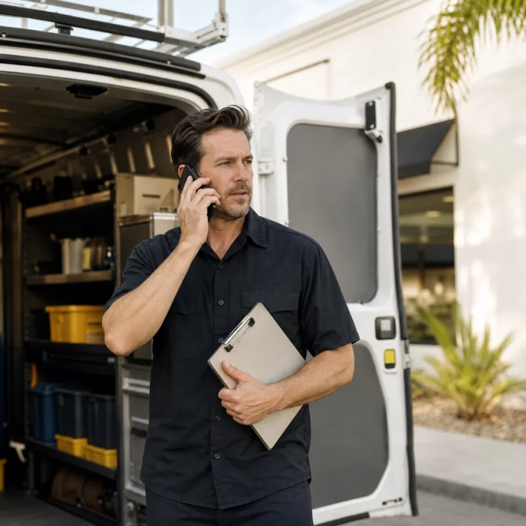 A man in a dark work shirt takes a call at the open back of his service van, a clipboard under one arm.